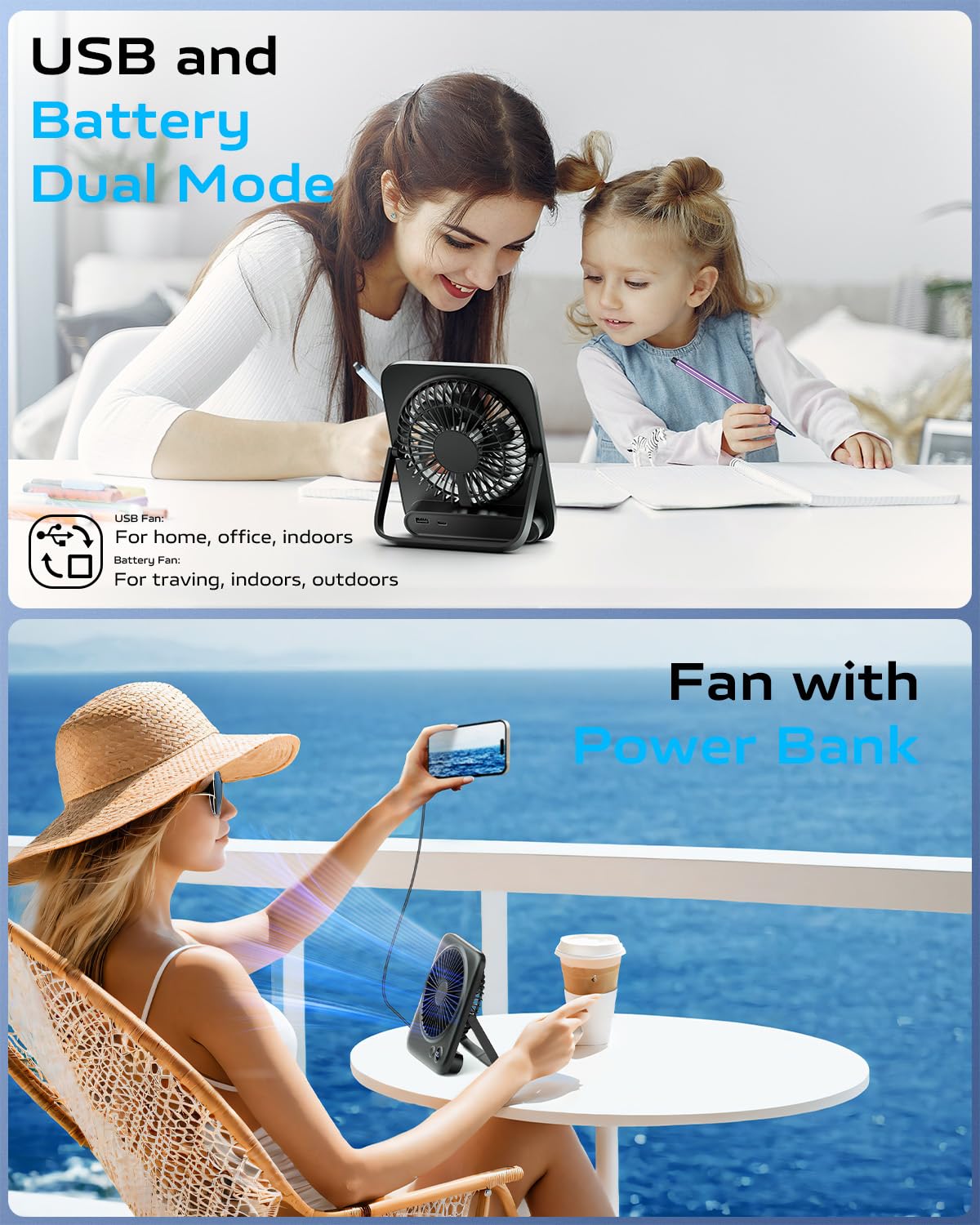 Otlonpe Desk Fan, Rechargeable Portable Fan Slim Quiet, 4000mAh Small Personal Table Fan Battery Operated 7.5-22H, Power Bank, 4 Speeds, 180° Foldable Desktop Fan for Travel Home Office Outdoor, Black