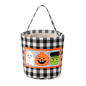 ouksma halloween trick or treat basket, checkered fabric tote with embroidered ghost, pumpkin, frankenstein for halloween party, candy collection and decorations (black checkered)