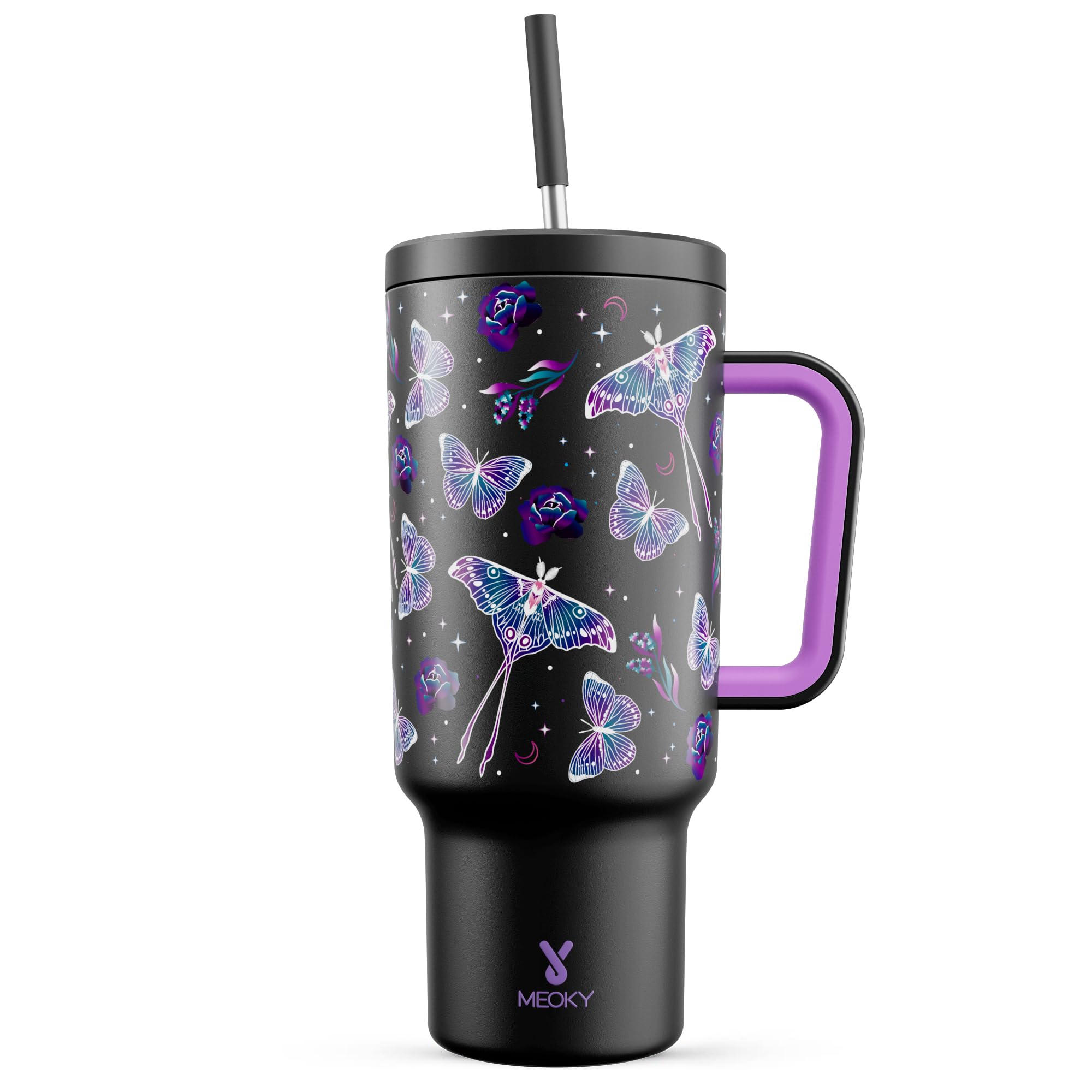 Meoky 40 oz Glow in the Dark Tumbler with Handle and Straw, Tumbler with Lid and Straw, Insulated Stainless Steel Travel Mug, 100% Leak-proof, Keeps Cold for 34 Hours (Butterfly)