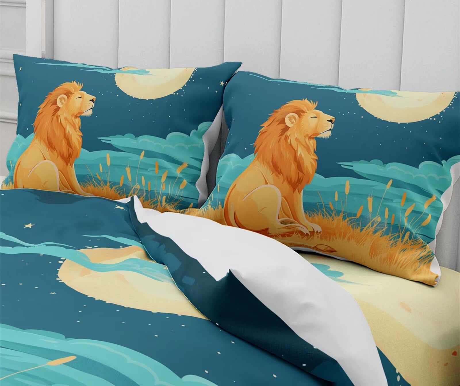 Moinlizy 3D Lonly Lion and Moon Printed Duvet Cover Set Bedding Sets Twin Size with 1 Piece Duvet Cover 2 Pieces Pillow Cases Ultra Durable Microfiber No Comforter