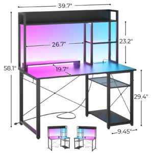 Cyclysio Gaming Desk with Hutch, 39'' Computer Desk with LED Lights & Power Outlets, Home Office Desk with Reversible 5 Tiers Storage Shelves & Monitor Stand, Small Gaming Table for Small Space, Black