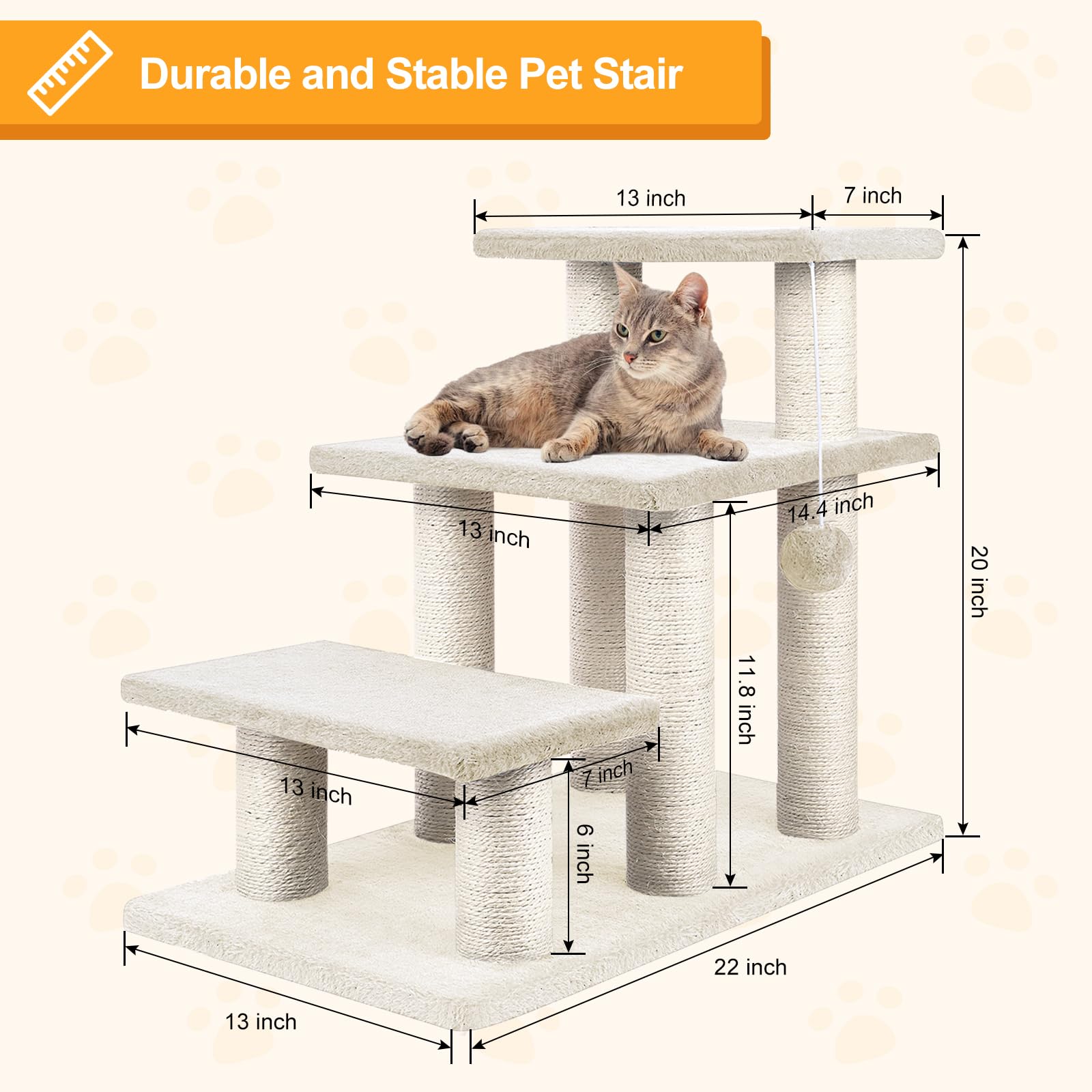 Dog Stairs, Cat Scratching Post 3 Steps Stairs for Cats and Dogs, Stable 20 inch Pet Stairs for High Beds & Sofas Protect Pet's Joints White