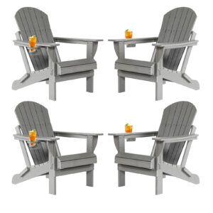 withniture hdpe folding adirondack chair set of 4,all weather resistant adirondack chair with cup holder, patio chair wood texture fire pit chairs for outdoor patio lawn garden, grey