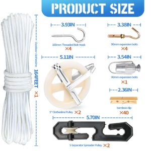 Clothes Line Outdoors, Clothes Line Pulley Kit Include 164ft Polyester Clothes Line Ropes, Clothesline Pulley, Clothesline S-Separators, Clothesline Tightener and Clothespins