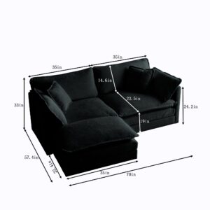 76.7" Small Black Sectional Couch with Ottoman, Deep Seat Luxury Modern Upholstered Modular Cloud Couch Sofa, L Shaped for Living Room Studio Apartment Office Corner Furniture Set, Fluffy Chenille