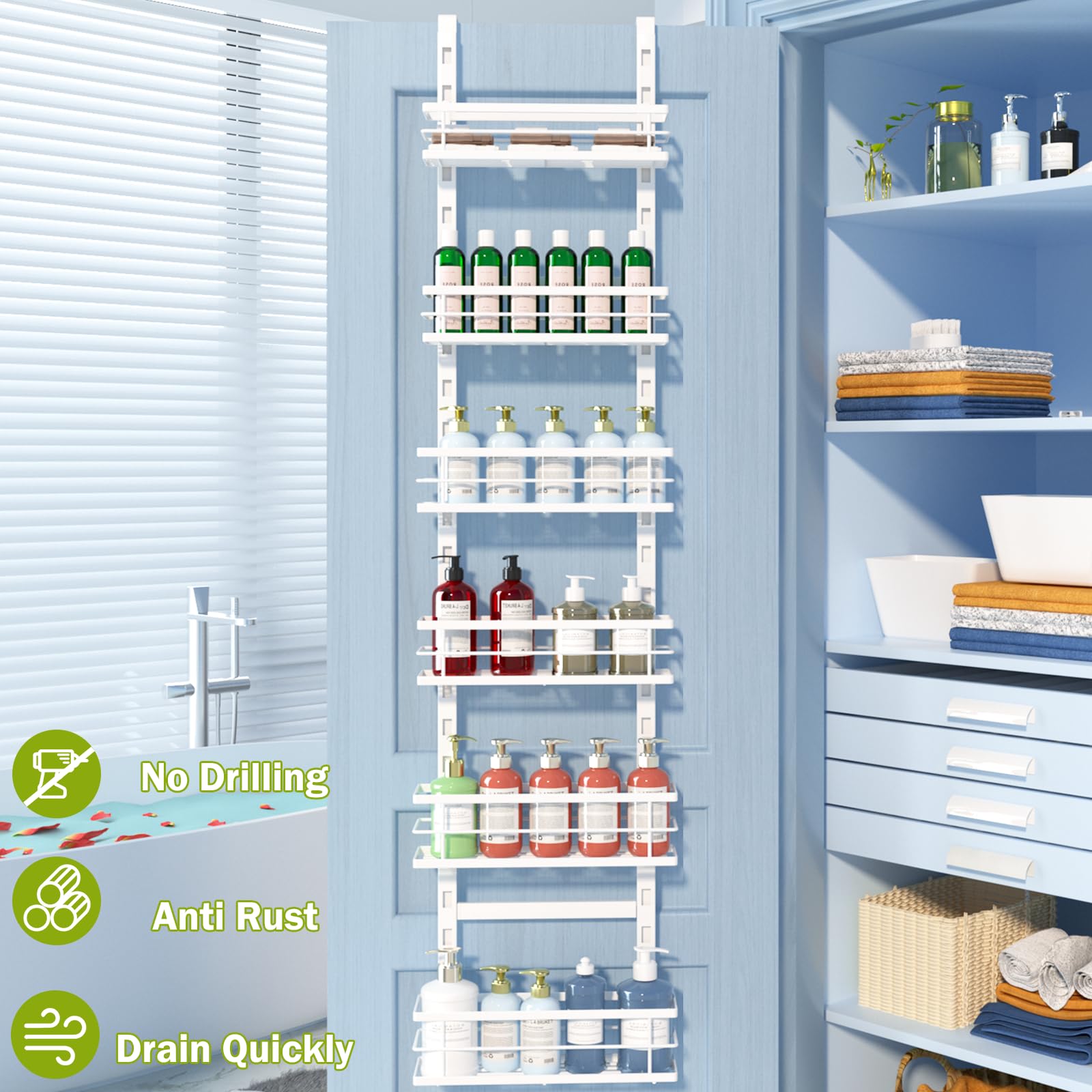 jinligogo Over the Door Pantry Organizer 6-Tier Adjustable Basket, Hanging Narrow Spice Rack, Behind the Closet Door Storage Heavy Duty for Kitchen, Laundry Organization