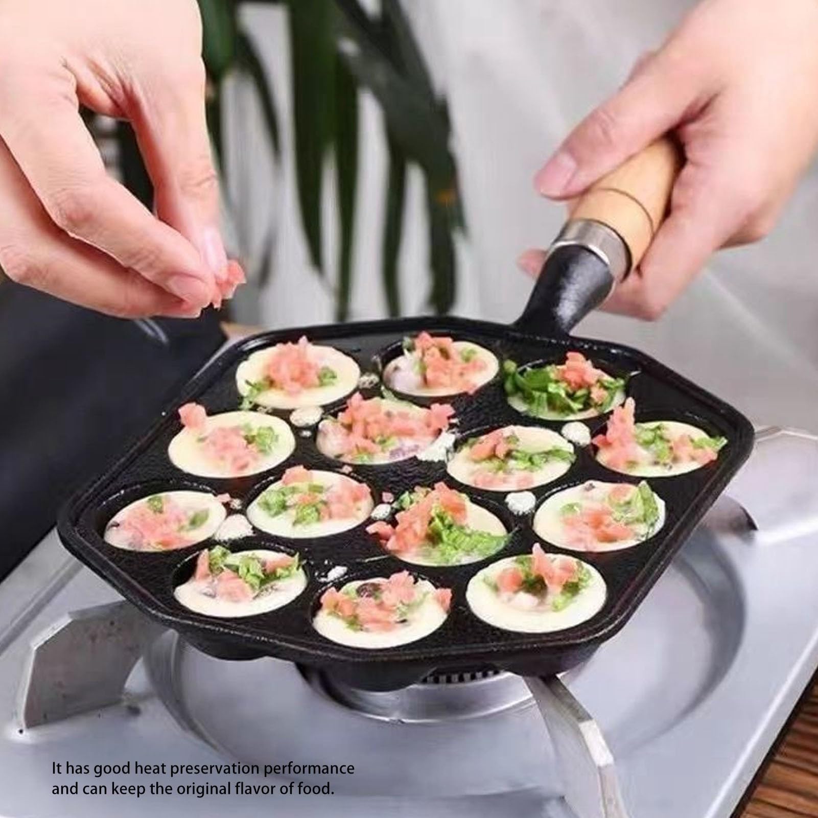 14 Holes Takoyaki Pan, Nonstick Cast Iron Multifunctional Octopus Meat Balls Grill Pan for Home Kitchen