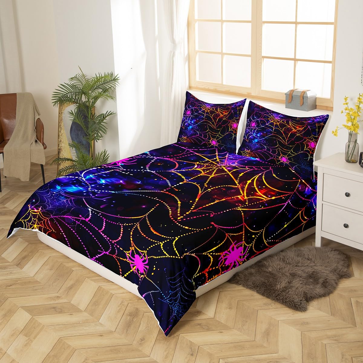 Spider Twin Size Duvet Cover,Glitter Spider Web Halloween Mystic Duvet Cover for Kids Teens All Season,Neon Blue Purple Starry Galaxy Bedding Set,Purple Blue Black Room Decor,No Comforter