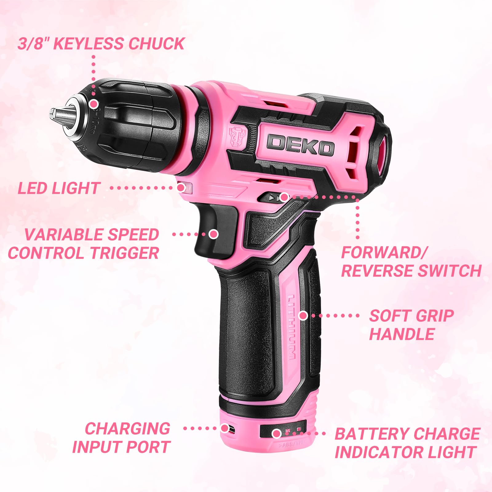 Cordless Drill：DEKOPRO 12V Power Drill Set with Pink Electric Drill with Tool Set Gift Box, Pink Drill Set for Women