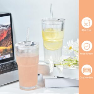 Icesip 20 oz 4 Pcs Drinking Glass Set with Straw and Lid Vertical Stripes Ribbed Iced Coffee Mugs Vintage Glass Cup for Tea Juice Soda Smoothie(Clear*4)