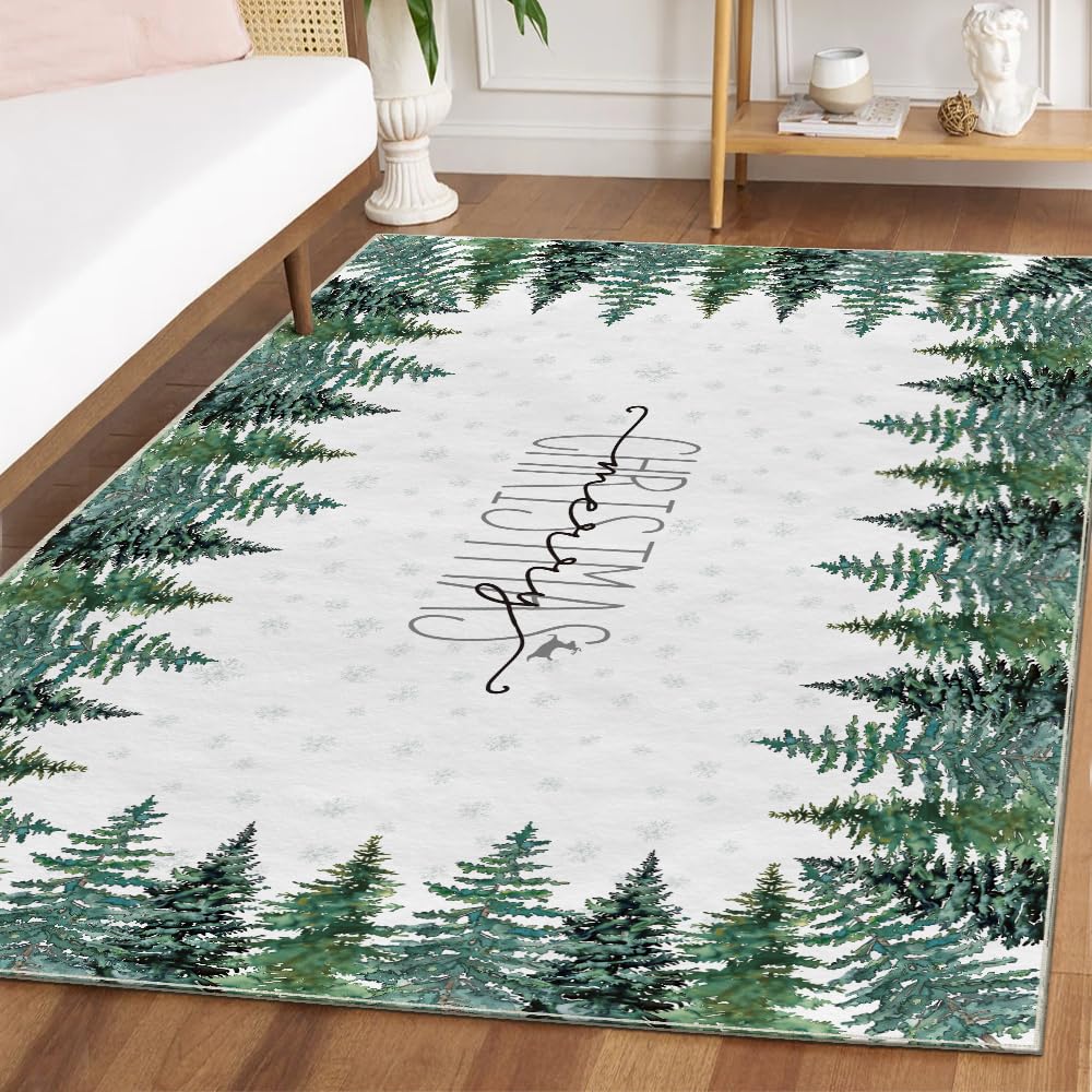 Artoid Mode Green Pine Tree Merry Christmas Area Rug, Xmas Winter Home Decor Low-Profile Washable Area Rugs for Entryway Bedroom Living Room Laundry Room Indoor 5x7 Feet