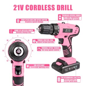 Pink 21V Cordless Drill Set for Women,Power Cordless Drill with Battery and Charger,Lightweight Complete Womens Tool Kit for House,Pink Tools Set with Electric Drill Driver for Home Office Repair