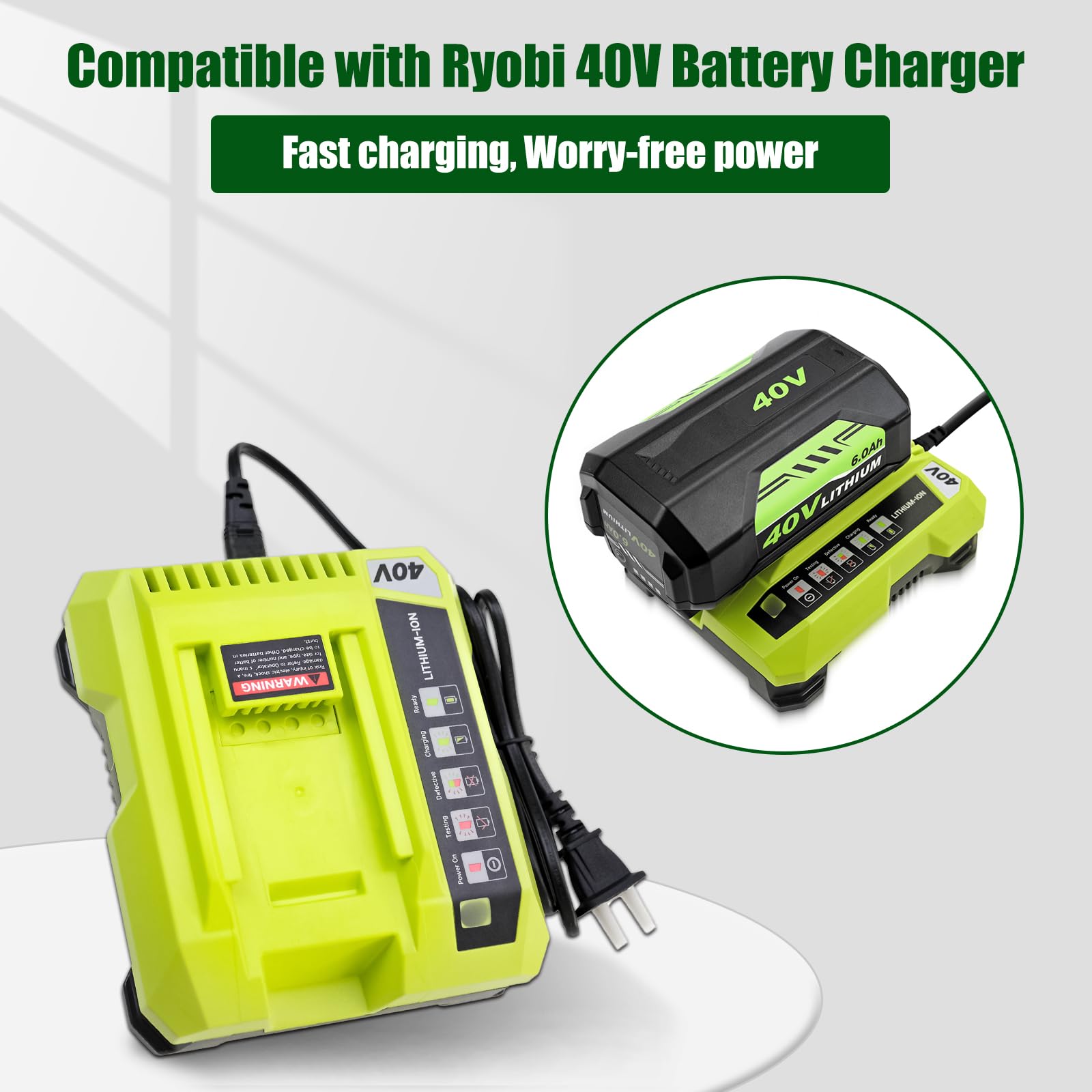 Fhybat 1 Pack 40 Volt 6000mAh OP40601 Battery Replacement for Ryobi 40V Battery Compatible with Ryobi 40V Lithium ion Battery OP4026 OP40602 OP4050A OP4040 OP4030 OP4050 (Green)