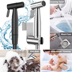 Handheld Bidet Sprayer for Toilet, Stainless Steel Leak Free T-Valve & Adjustable Jet Spray, Feminine Hygiene, Shower Sprayer for Pet, Wall or Toilet Mount Superior Complete Accessories (Black)