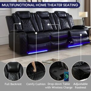 Caberryne Leather Recliner Sofa Set with LED Lights,Power Reclining Sofa and Loveseat Set with USB Port/Wireless Charger/Cup Holder for Living Room/House/Home Theater(2 Piece Set,Black)