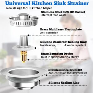 3 in 1 Kitchen Sink Drain Strainer Stopper, Brushed Stainless Steel SUS 304 Pop Up Sink Drain Stopper for Standard 3-1/2 Inch Drain Anti-Clogging Odor Prevention