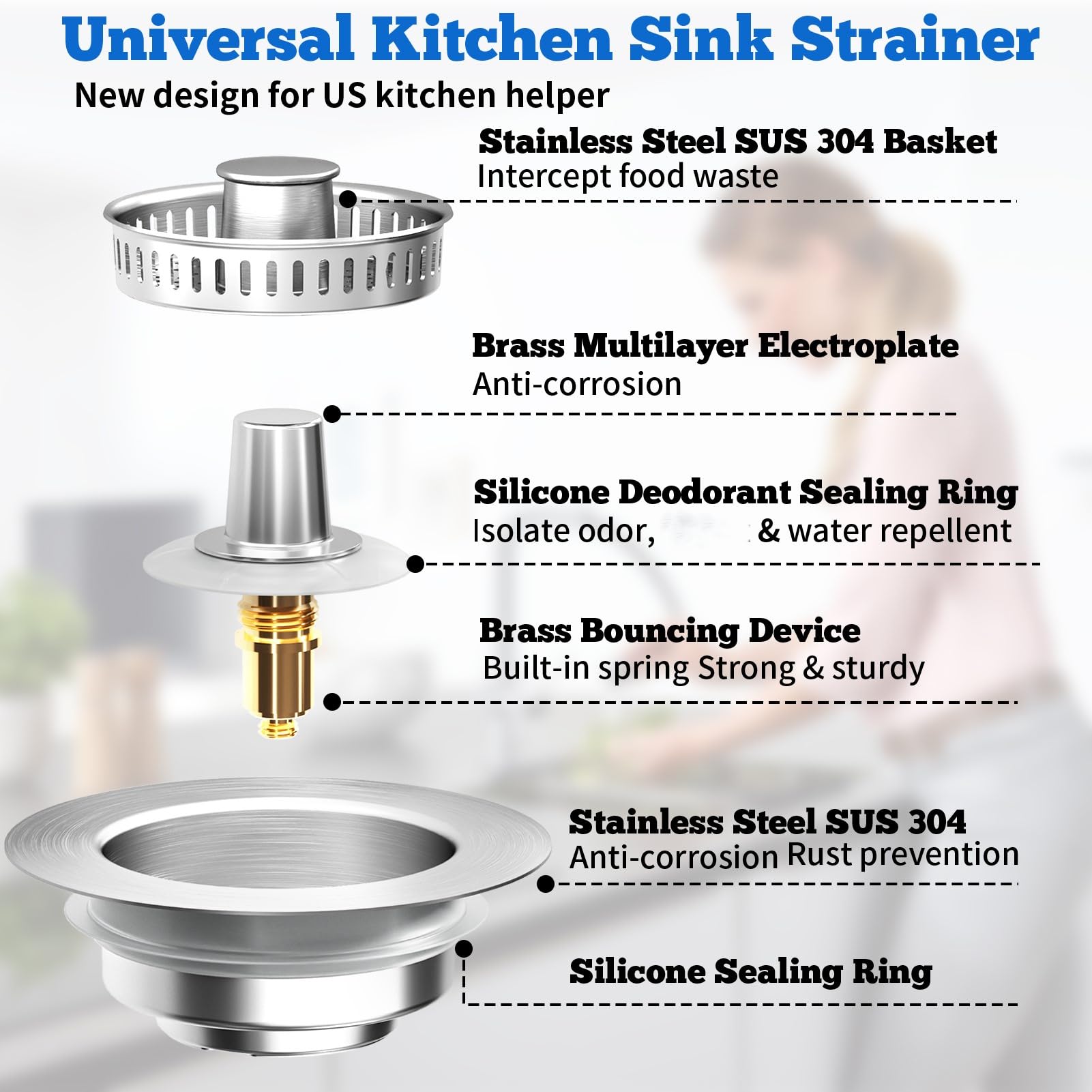 3 in 1 Kitchen Sink Drain Strainer Stopper, Brushed Stainless Steel SUS 304 Pop Up Sink Drain Stopper for Standard 3-1/2 Inch Drain Anti-Clogging Odor Prevention