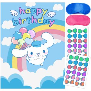 cinnamoroll birthday decorations, pin the bow on cinnamoroll, party games for girls boys, large poster 24pcs stickers for cinnamoroll birthday party favors decorations