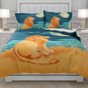 Moinlizy 3D Lonly Lion and Moon Printed Duvet Cover Set Bedding Sets Twin Size with 1 Piece Duvet Cover 2 Pieces Pillow Cases Ultra Durable Microfiber No Comforter