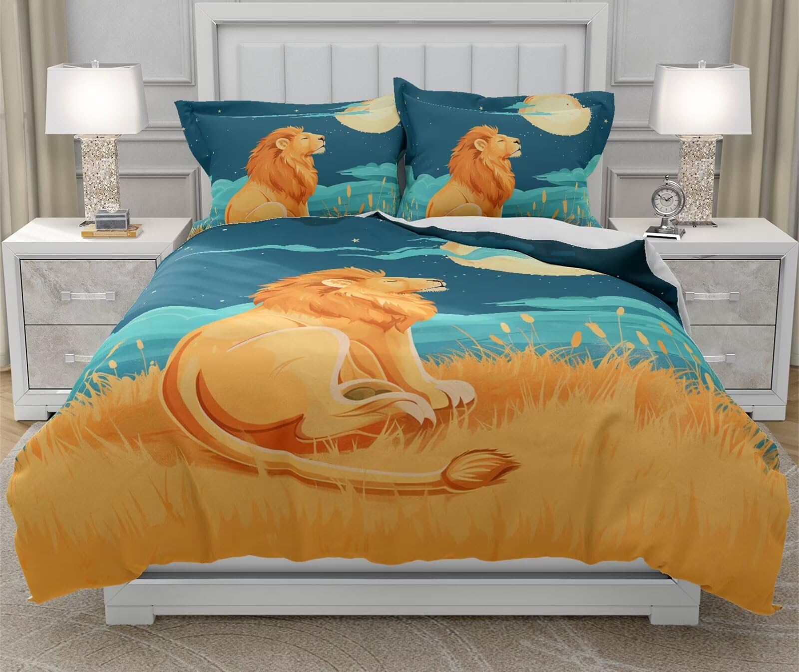 Moinlizy 3D Lonly Lion and Moon Printed Duvet Cover Set Bedding Sets Twin Size with 1 Piece Duvet Cover 2 Pieces Pillow Cases Ultra Durable Microfiber No Comforter