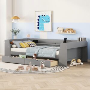 Twin Size Daybed Frame with Storage Drawers,Kids Day Bed Frame Twin with Charging Station,Twin Kids Bed for Boys Girls,Gray