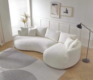 hamorespace 124.8'' modern curved fabric sectional sofa couch, upholstered couch with pillows, right hand facing sofa for living room (white right-facing)