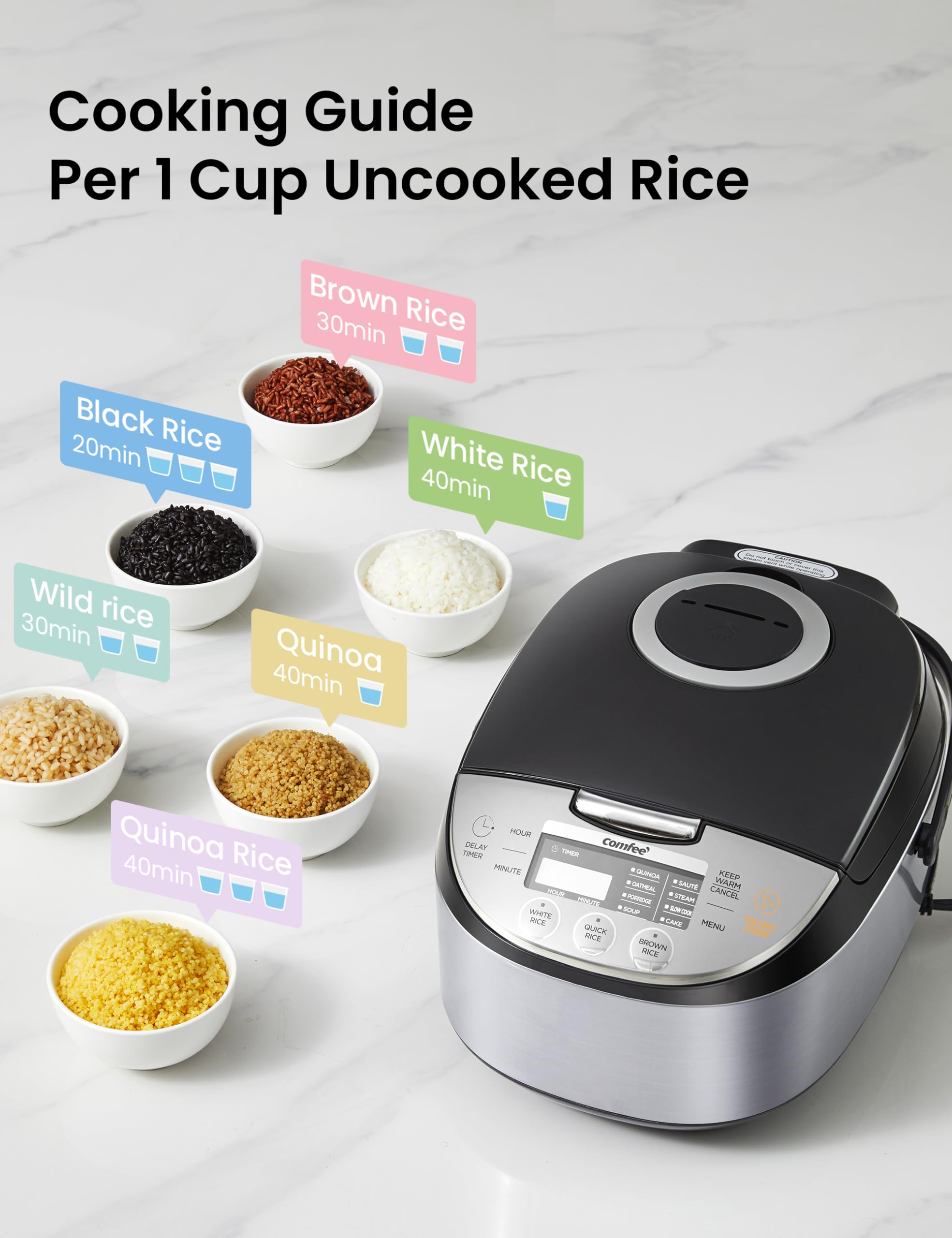 COMFEE' Rice Cooker 12 Cups Cooked/6 Cups Uncooked, Portable Non-Stick Rice Maker, Japanese Rice Cooker with Fuzzy Logic Technology, 24-Hour Timer Delay, 11 Presets, Steamer, Fast Rice Cooker, Grain Cooker, Black