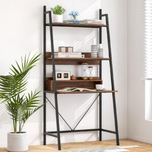 GOFLAME 71” High Ladder Desk, Freestanding Laptop Desk with Open Shelves, 3-Tier Ladder Shelf Computer Desk, Anti-Tipping Kits, Ideal for Living Room Bedroom Study, Brown