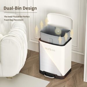 MRBIN Small Bathroom Trash Can with Lid, Metal Step Waste Basket Touchless Soft Close, 6L / 1.6gal Rectangle Garbage Bucket with Stainless Steel Pedal for Kitchen, Office, Bedroom Accessories, White