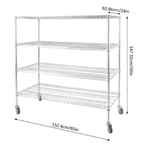 4-Tier Adjustable Wire Shelving with Wheels, 24"Dx60"Wx58"H Storage Shelves Heavy Duty Metal Shelves for Kitchen Organization, Garage Storage, Laundry Room, 440 lbs Each Tier Load Capacity