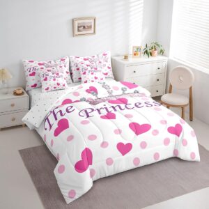 7 Pieces The Crown Comforter Set Twin, Fashion Princess Crown Bedding for Kids Girls, Rose Pink Hearts Dots Print Bed Set(1 Comforter,1 Fitted Sheet,1 Flat Sheet,2 Pillowcases,2 Throw Pillow Cover)