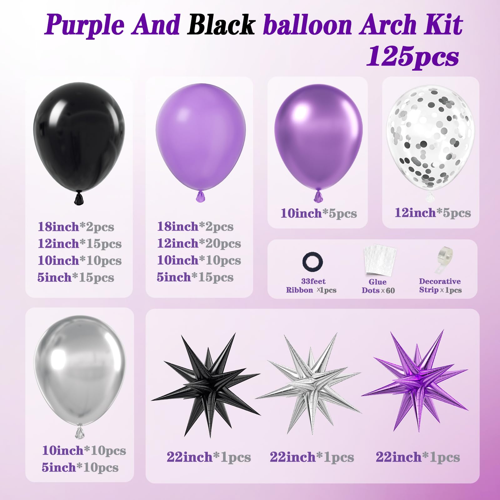 125pcs Purple and Black Balloon Garland Arch Kit, Sliver Confetti Metallic Purple Balloons for Graduation Halloween Birthday Party Decorations