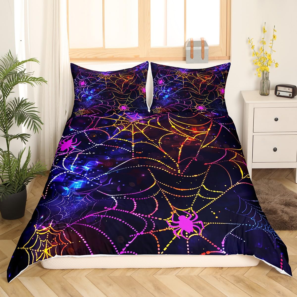 Spider Twin Size Duvet Cover,Glitter Spider Web Halloween Mystic Duvet Cover for Kids Teens All Season,Neon Blue Purple Starry Galaxy Bedding Set,Purple Blue Black Room Decor,No Comforter