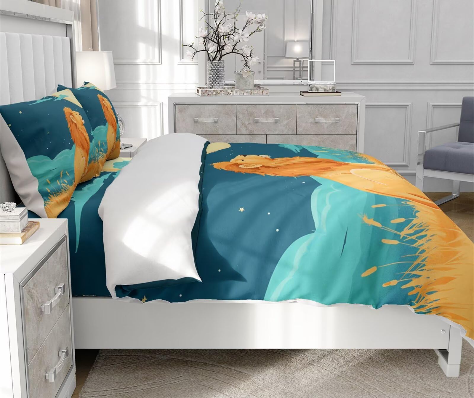 Moinlizy 3D Lonly Lion and Moon Printed Duvet Cover Set Bedding Sets Twin Size with 1 Piece Duvet Cover 2 Pieces Pillow Cases Ultra Durable Microfiber No Comforter