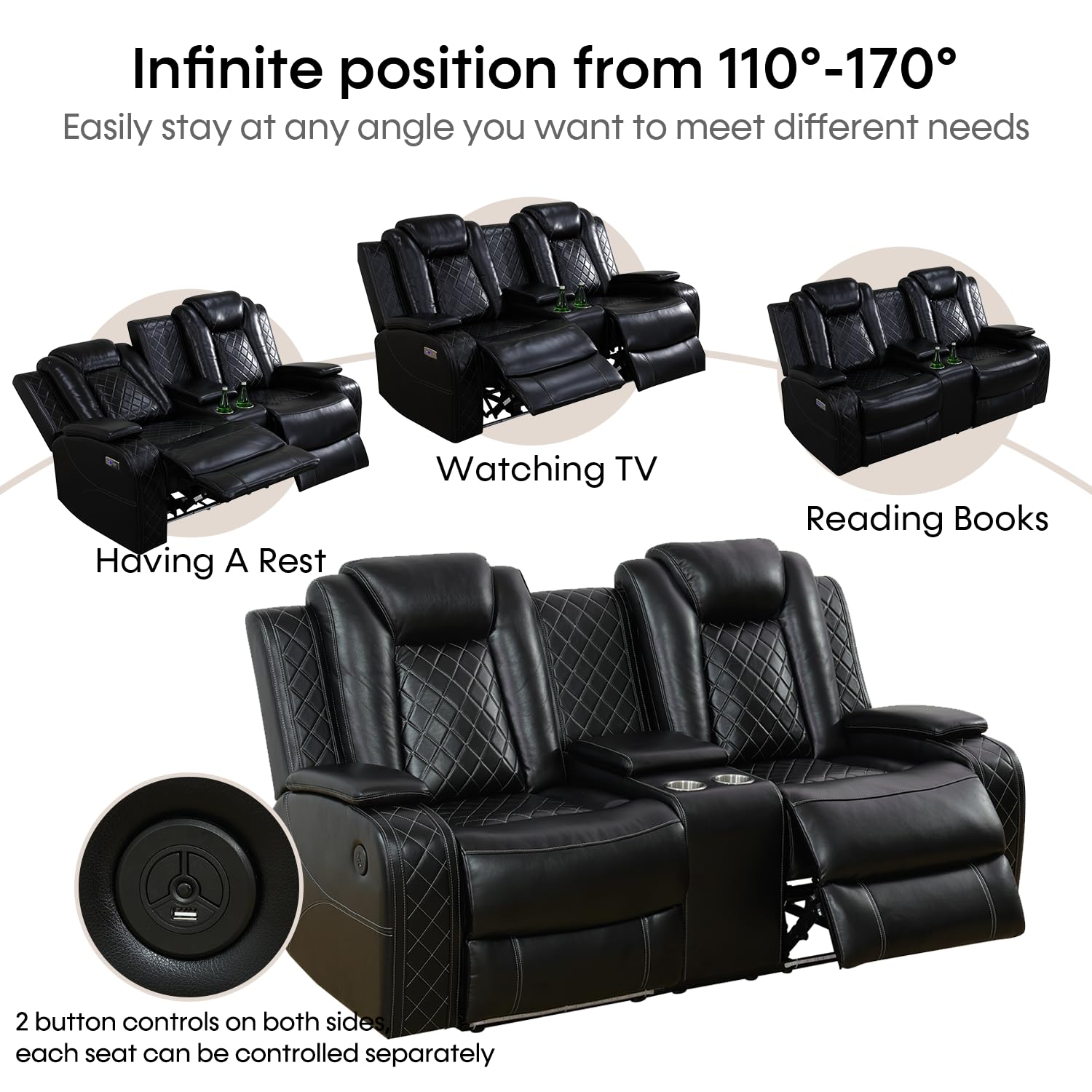 Caberryne Leather Recliner Sofa Set with LED Lights,Power Reclining Sofa and Loveseat Set with USB Port/Wireless Charger/Cup Holder for Living Room/House/Home Theater(2 Piece Set,Black)