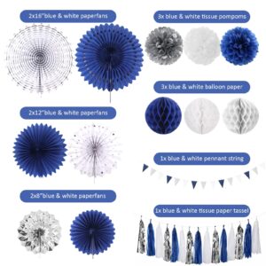 Navy Blue White Silver Party Decorations,28pcs Kit Graduation 2024 Tissue Paper Pom Poms Streamers,Tassel Garland Banner Flowers,Men Birthday Bachelorette Baby Shower Christmas Decor Lasting Surprise