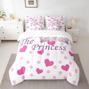 7 pieces the crown comforter set twin, fashion princess crown bedding for kids girls, rose pink hearts dots print bed set(1 comforter,1 fitted sheet,1 flat sheet,2 pillowcases,2 throw pillow cover)