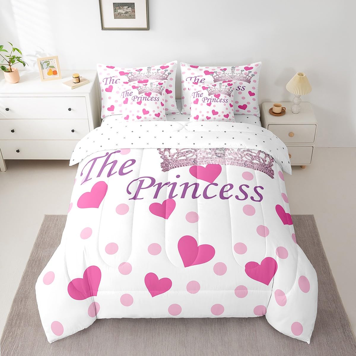 7 Pieces The Crown Comforter Set Twin, Fashion Princess Crown Bedding for Kids Girls, Rose Pink Hearts Dots Print Bed Set(1 Comforter,1 Fitted Sheet,1 Flat Sheet,2 Pillowcases,2 Throw Pillow Cover)