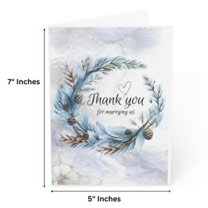 J&J'S TOYSCAPE Thank You for Marrying Us Card, 7x5 Inch Card with Envelope, Winter Wedding Officiant Gratitude Card, Pastor Appreciation, Card from Newlywed Couple (Blue Floral Wreath)