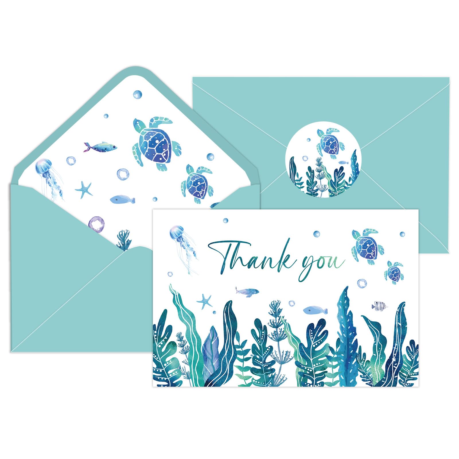 JarThenaAMCS 24 Set Under the Sea Thank You Cards with Envelopes and Stickers Blue Seaweed Sea Turtles Fish Greeting Cards for Birthday Wedding Baby Shower, 4 x 6 Inch