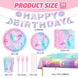 146Pcs Mermaid Plates and Napkins Mermaid Party Supplies Includes Plates, Napkin, Fork, Cup, Straw, Tablecloth, Banner for Baby Shower Ocean Birthday Party Decorations, Serves 24 (Mermaid)