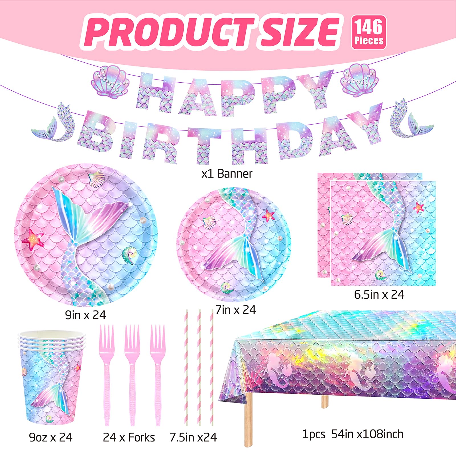 146Pcs Mermaid Plates and Napkins Mermaid Party Supplies Includes Plates, Napkin, Fork, Cup, Straw, Tablecloth, Banner for Baby Shower Ocean Birthday Party Decorations, Serves 24 (Mermaid)