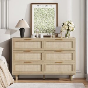 angel sar 43'' rattan dresser for bedroom, 6 drawer dresser, modern design dressers & chests of drawers, wood bedroom dresser for clothes storage, dressers with gold handles