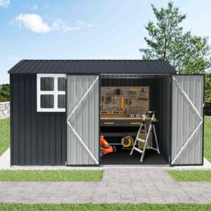 Verano Garden 10x8FT Outdoor Storage Shed, Large Galvanized Steel Metal Garden Shed with Window, Lockable Double Door, Outdoor Tool Shed for Backyard, Patio, Lawn(113.39"x98.03"x77.56")