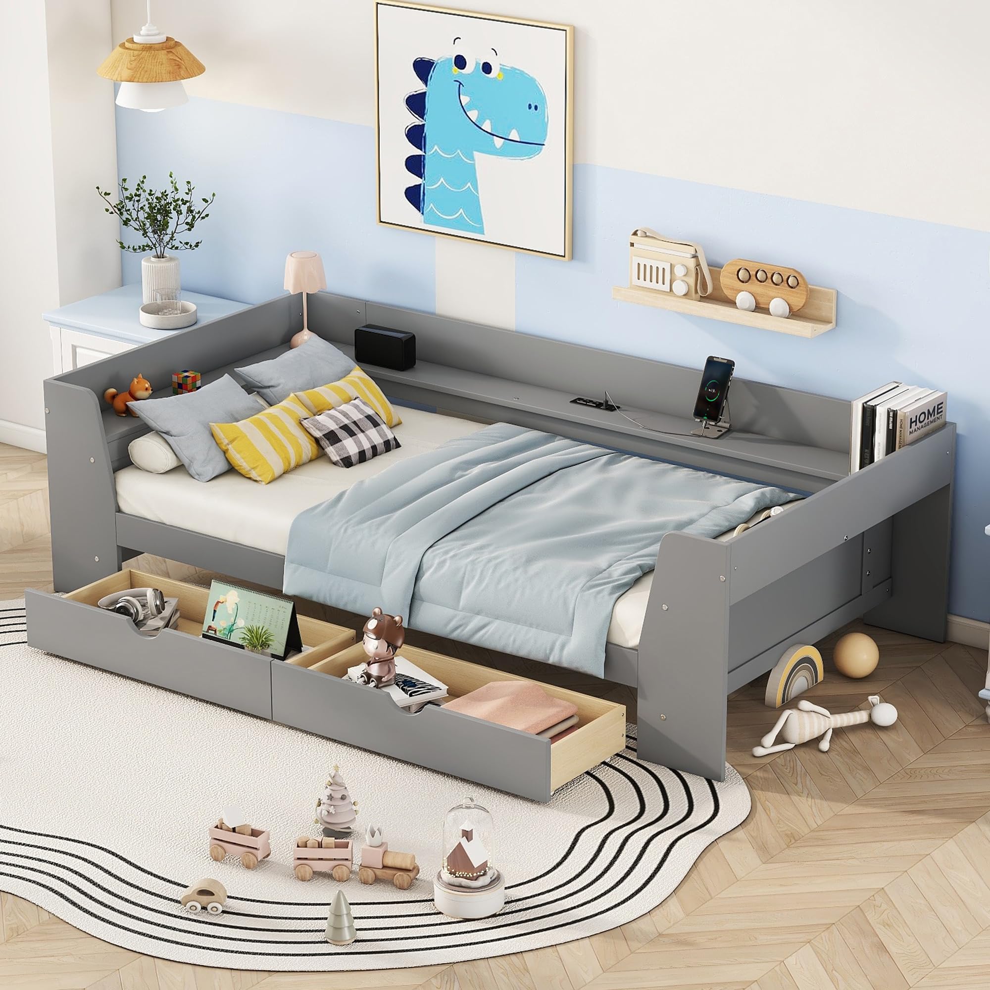 Twin Size Daybed Frame with Storage Drawers,Kids Day Bed Frame Twin with Charging Station,Twin Kids Bed for Boys Girls,Gray