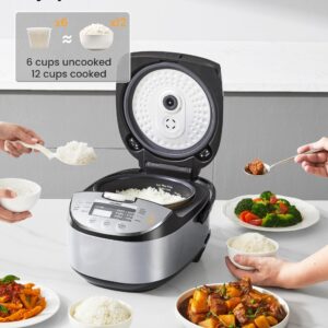 COMFEE' Rice Cooker 12 Cups Cooked/6 Cups Uncooked, Portable Non-Stick Rice Maker, Japanese Rice Cooker with Fuzzy Logic Technology, 24-Hour Timer Delay, 11 Presets, Steamer, Fast Rice Cooker, Grain Cooker, Black