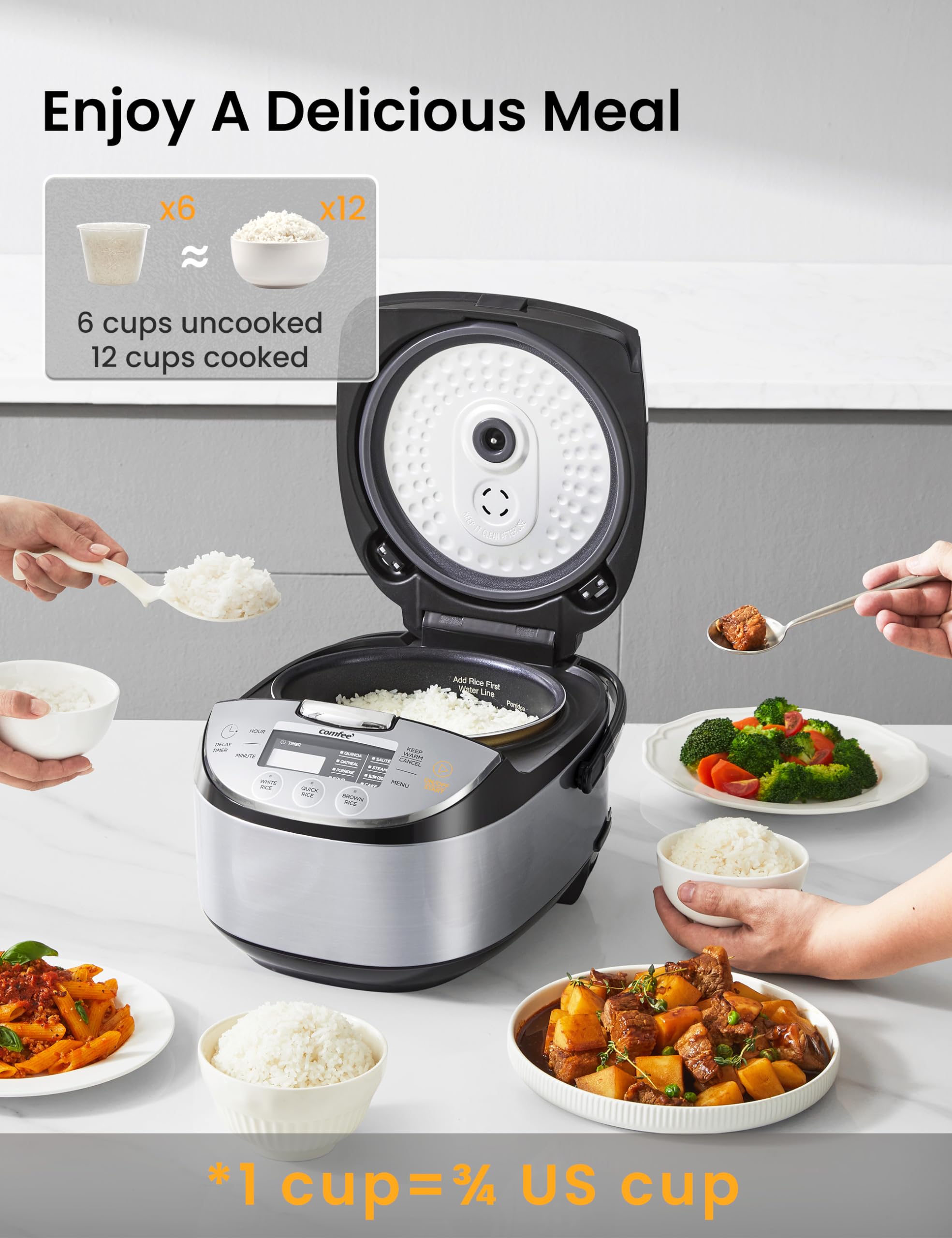 COMFEE' Rice Cooker 12 Cups Cooked/6 Cups Uncooked, Portable Non-Stick Rice Maker, Japanese Rice Cooker with Fuzzy Logic Technology, 24-Hour Timer Delay, 11 Presets, Steamer, Fast Rice Cooker, Grain Cooker, Black