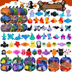 72pcs halloween party favors for kids boys girls, 24pack bulk toys gift include squishies pop keychain cards treat goodie bag stuffers classroom rewards treasure box prize carnival decoration supplies