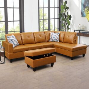 dyncan 3-piece l-shaped sectional couches with 66.5'' chaise lounge & storage ottoman, 97'' faux leather modular living room sofas for home office apartment, large living furniture right (ginger)