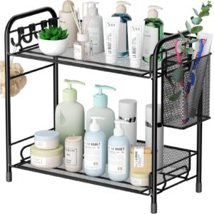 vitviti mesh bathroom organizer countertop, 2-tier metal bathroom counter organizer and storage, vanity organizer sink shelf kitchen spice rack with basket and hooks, black